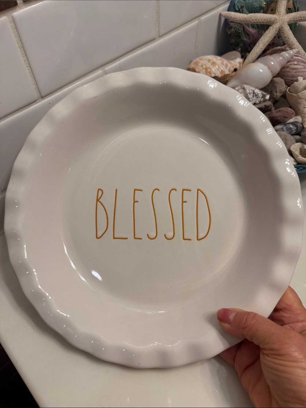 Rae Dunn White Ceramic Pie Plate with Yellow "BLESSED" Lettering